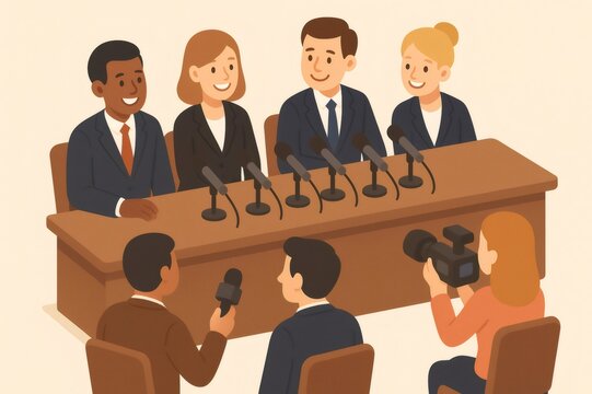 Diverse business professionals smiling, engaging with reporters and videographer during an interview or public speaking event - Powered by Adobe