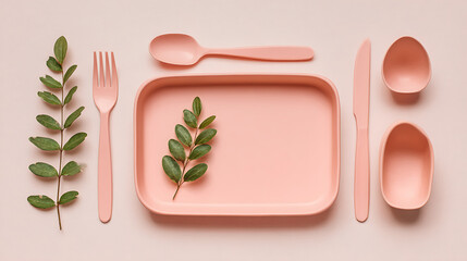 Pink flatware and dishware arranged with green leaves flat lay knolling