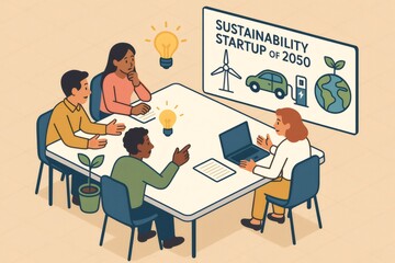 Diverse professionals collaborating on future green technology and environmental business development during a meeting