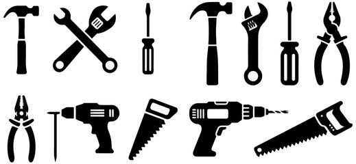 Assorted black silhouette hand tools and power tools on white background Keywords: hammer