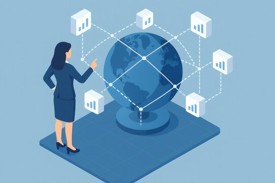 Businesswoman pointing to a globe showing a global data network with connected data cubes and bar graphs, representing worldwide data management - Powered by Adobe