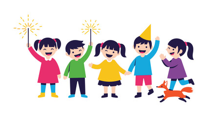 Celebration of Childhood: A group of children light up the scene with joy, their faces radiating happiness as they wave sparklers, embracing the spirit of fun and togetherness.