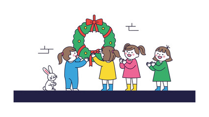 Holiday cheer: Children's joyous moment crafting a vibrant wreath. A scene of festive spirit, where each touch brings joy and holiday happiness.