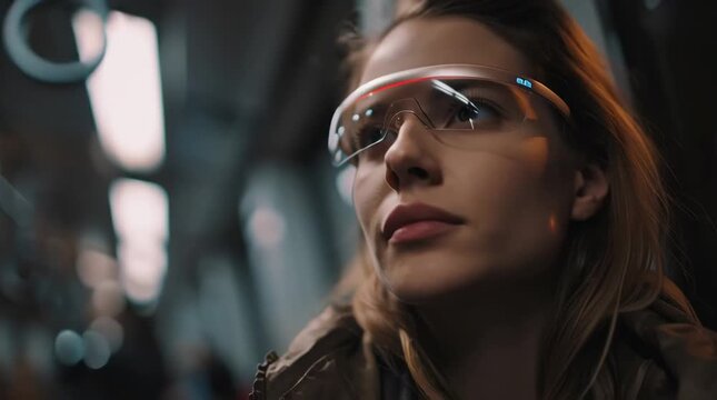 Beautiful woman exploring augmented reality with stylish smart glasses in a futuristic urban landscape, full of potential