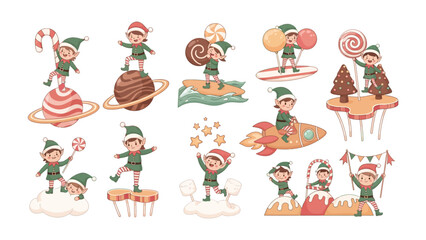 Whimsical Holiday Elf Collection: A vibrant collection of delightful elves joyfully interacting with festive holiday elements, ideal for spreading cheer and merriment.