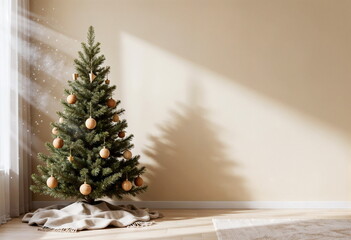 Christmas tree in empty home interior room in Scandinavian minimalist style. Mockup, template, copy space. Neutral colors.