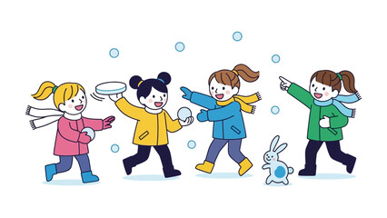 Joyful Winter's Day: A vibrant illustration captures the pure joy of childhood, as four children engage in a playful snowball fight, embodying the spirit of winter fun. 