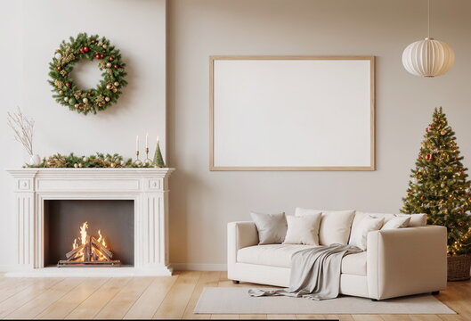 Poster frame mockup in Christmas interior with fireplace , fir and Xmas decoration. Copy space