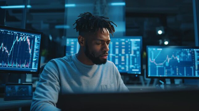 Stressed trader analyzing market data, feeling the pressure after a long day of financial investment strategy