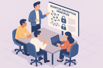 Team members collaborating on quantum encryption strategies and data security concepts during a corporate presentation