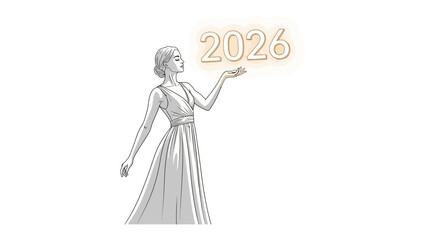 Vision for 2026: A woman in a graceful gown holds the numerical year 2026, a vision for the future. The image is an artistic portrayal, combining elegant lines with an aura of anticipation.