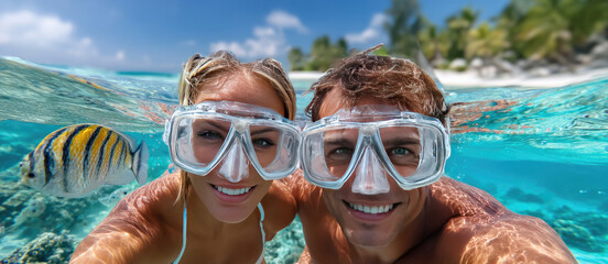 Young couple in snorkeling mask hold hand, dive underwater with fishes in coral reef sea pool.