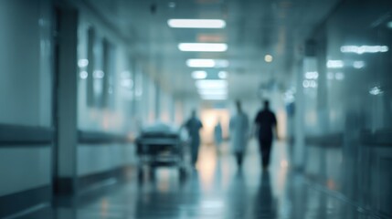 Hospital Corridor with Medical Professionals: A blurred scene captures the hushed activity of a hospital corridor, with silhouettes of doctors and medical staff, and an empty gurney.