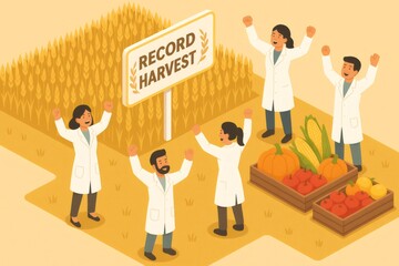 Agricultural scientists cheering for a successful record harvest thanks to scientific research and biotechnology, with fresh crops