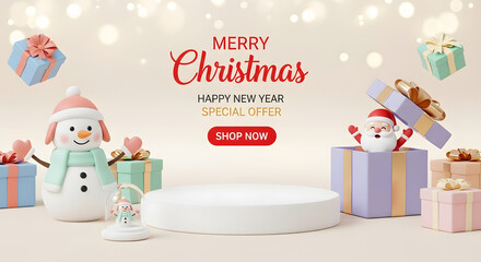 Merry Christmas and Happy New Year Special Offer Sale Banner with Cute 3D Snowman Santa Claus and Gifts Product Display Podium