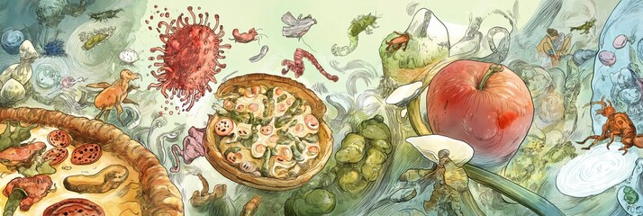 An imaginative depiction of various microorganisms and their interplay with food, featuring a vibrant blend of colors and whimsical elements.