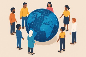 Diverse group of people collaborating around a blue digital globe, symbolizing global connection, data exchange, and worldwide unity