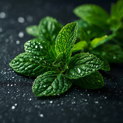 Lush Mint Leaves with Water Droplets on Dark Surface