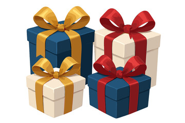 Obraz premium Elegant Gift Boxes. Set of gift boxes with oversized bows is placed centrally, each wrapped in deep blue and white. The background transitions from blue to red,. Vector illustration