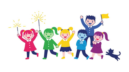 Joyful Parade of Young Children: A vibrant illustration showcasing a parade of cheerful children, waving sparklers and flags, marching together in a display of youthful exuberance and playful energy.