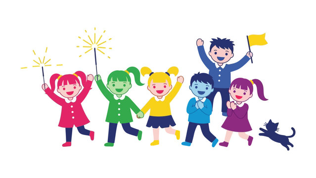 Joyful Parade of Young Children: A vibrant illustration showcasing a parade of cheerful children, waving sparklers and flags, marching together in a display of youthful exuberance and playful energy.