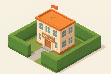 School building standing inside a protective perimeter of green hedges, symbolizing education, security, and learning spaces
