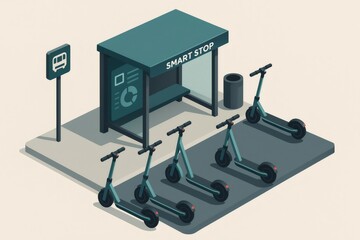 Fototapeta premium Scooters parked at an urban smart stop, offering convenient alternative transport for modern city living