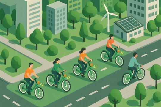 City residents cycling on a road with smart autonomous bikes, demonstrating ecological urban transportation for sustainable future