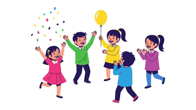Joyful Celebration: A group of children is in a celebratory mood with balloons, colorful confetti, and joyful moments.