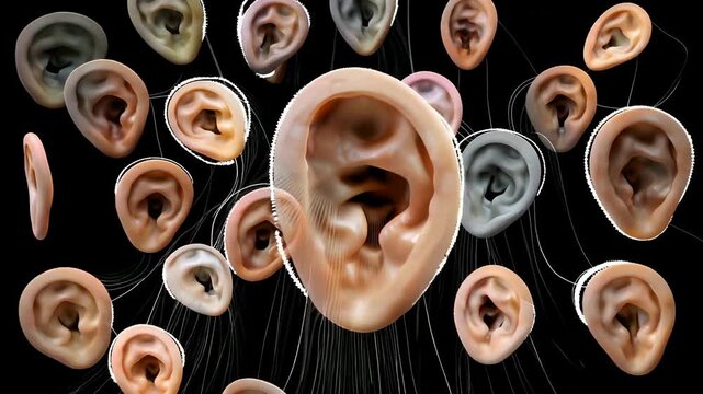 A collection of realistic human ears in various sizes and colors arranged in a pattern against a black background
