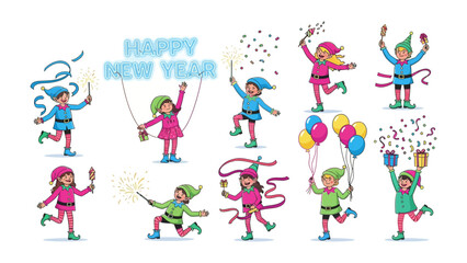 Festive New Year Celebration: A cheerful illustration of several animated elves, each in vibrant attire, joyfully marking the new year with gifts, sparkles, and balloons against a joyful background.