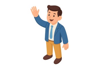 Smiling male cartoon character in business attire waving hand. Representing greeting, welcome, or departure in a professional setting