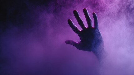 Reaching into the Abyss: A lone hand emerges from a swirling cloud of vibrant purple smoke, its form silhouetted against the enveloping mist.