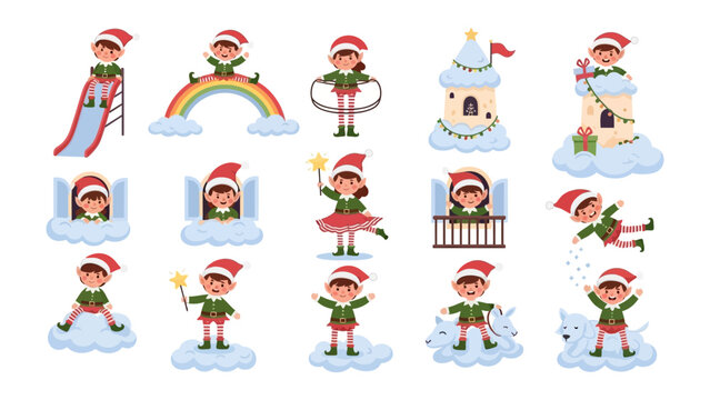 Whimsical Christmas Elf Set: A collection of delightful cartoon elves, each engaged in playful activities. Featuring elves on slide, rainbow, tower with cloud and more. Capturing the spirit of joy.