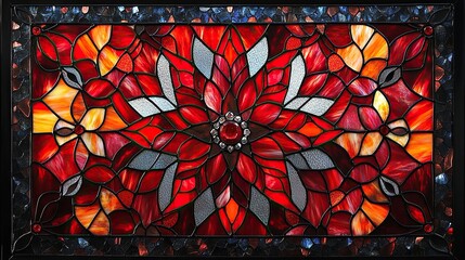 Floral stained glass panel with red, orange, and silver hues in a black frame. Intricate design.