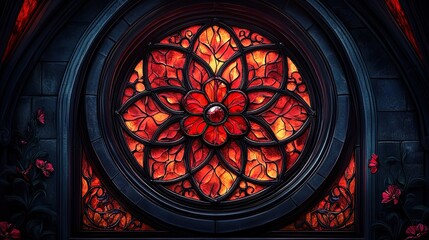 Ornate rose window: An intricate design with a red gemstone center and warm, fiery tones. Striking contrast.