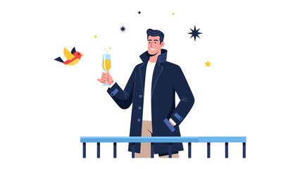 Cheers to Celebration: A well-dressed gentleman raises a champagne flute, surrounded by whimsical elements, in a moment of festive joy.