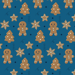 Cute Gingerbread Christmas Pattern on Blue Background