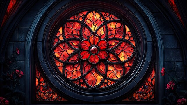 Ornate rose window: An intricate design with a red gemstone center and warm, fiery tones. Striking contrast. - Powered by Adobe
