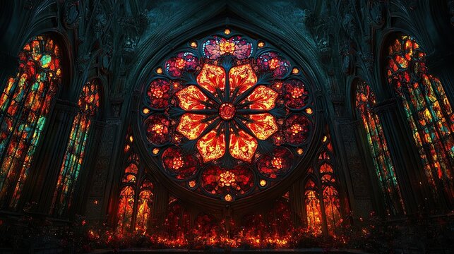 Ornate stained glass window of a grand cathedral, featuring floral patterns and radiating light from within.