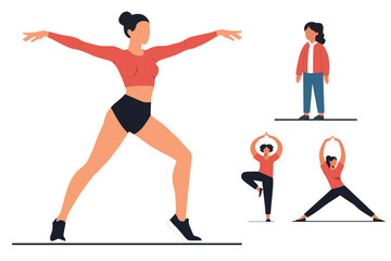 Female Fitness and Yoga Illustration Set: Diverse Flat Vector Characters, Female Exercise and Yoga Poses   Flat Style Character Illustrations, 