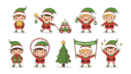 Christmas Elves Collection: A cheerful assortment of festive elves, adorned in traditional attire, spreading holiday cheer with an array of decorations and props.