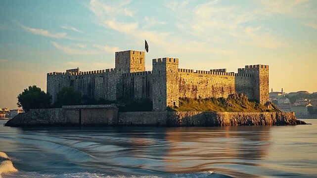 Majestic Fortress - Ancient Castle on the Water at Sunset.