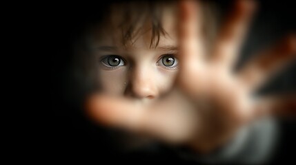 Close-up of frightened child reaching out with hand to camera, dramatic light on wide eyes against dark background, symbolizing fear, vulnerability and call for help.
