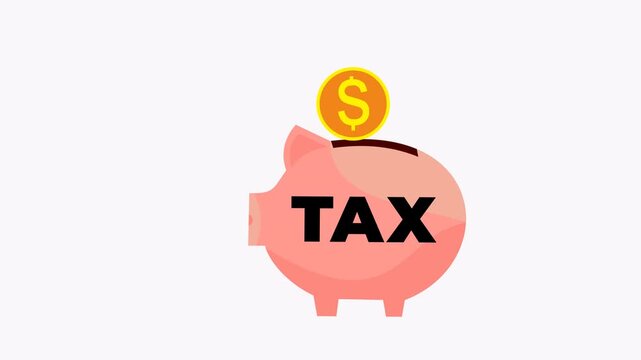 Piggy bank labeled tax with a dollar coin on top, ideal for financial or taxrelated concepts for websites or articles.