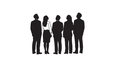 Set of silhouettes of men and women, walking business people, front and back view, vector, profile, black color, isolated on white background, Vector set of snanding and walking business people, 