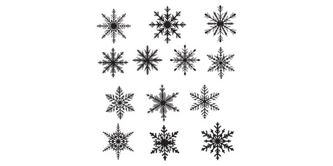 Snowflake silhouette black icon set isolated on white background, simple winter holiday and cold season symbol collection illustration