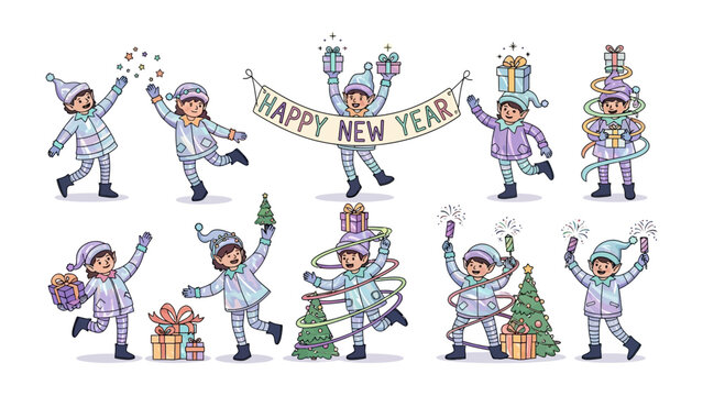 Joyful New Year Celebration: Playful children revel in the festive spirit, sharing gifts, and spreading cheer with decorations, all under a banner of Happy New Year.