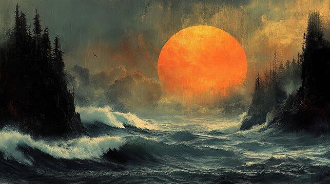 Dramatic Seascape: Fiery sun over turbulent ocean, rugged cliffs, and shadowy forests. Majestic view.