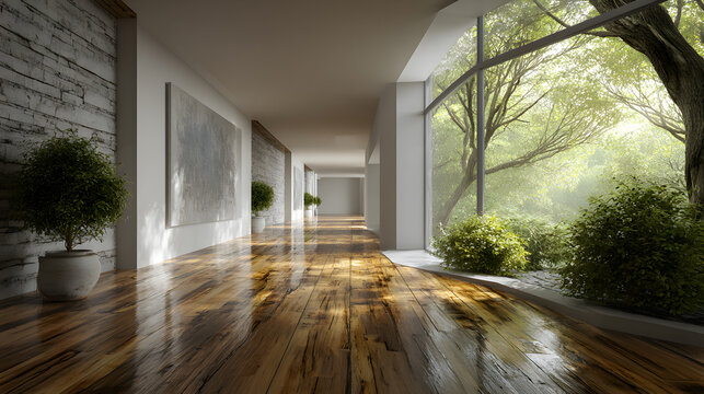 Empty corridor filled with natural light reflecting serene minimalism 